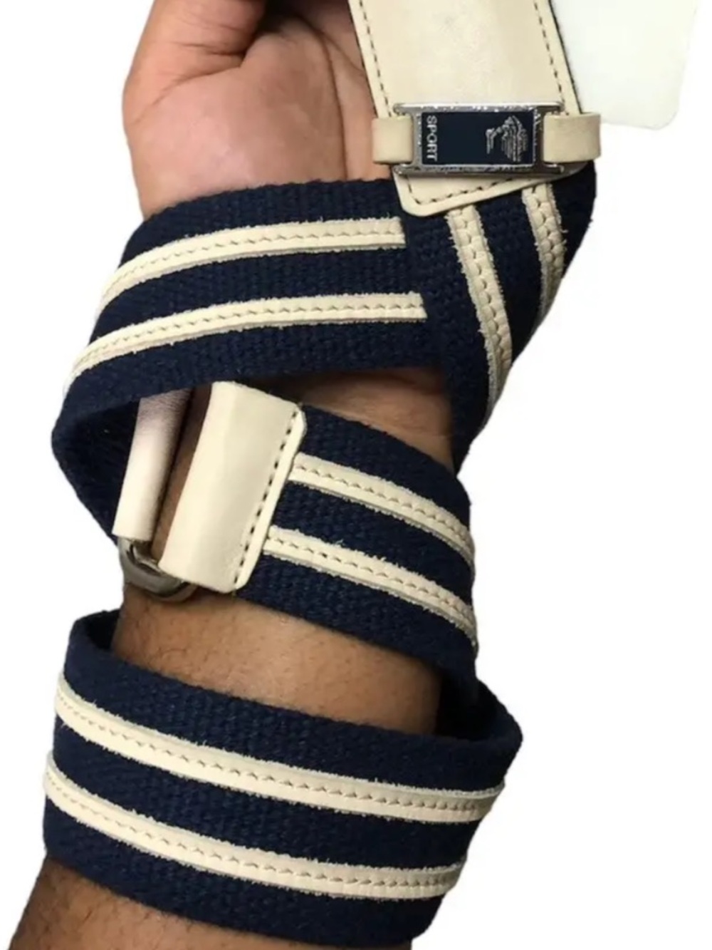 Navy and Cream Striped Web Belt with Leather Trim